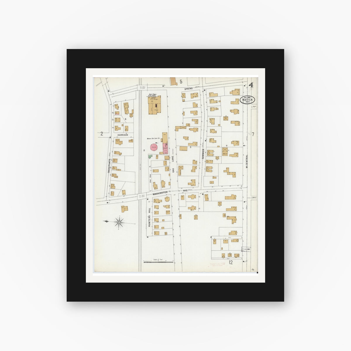 Old map wall art mockup — black gallery frame with white mat — Sanborn Fire Insurance Map from Natick, Middlesex County, Massachusetts (1899), Sheet #0004