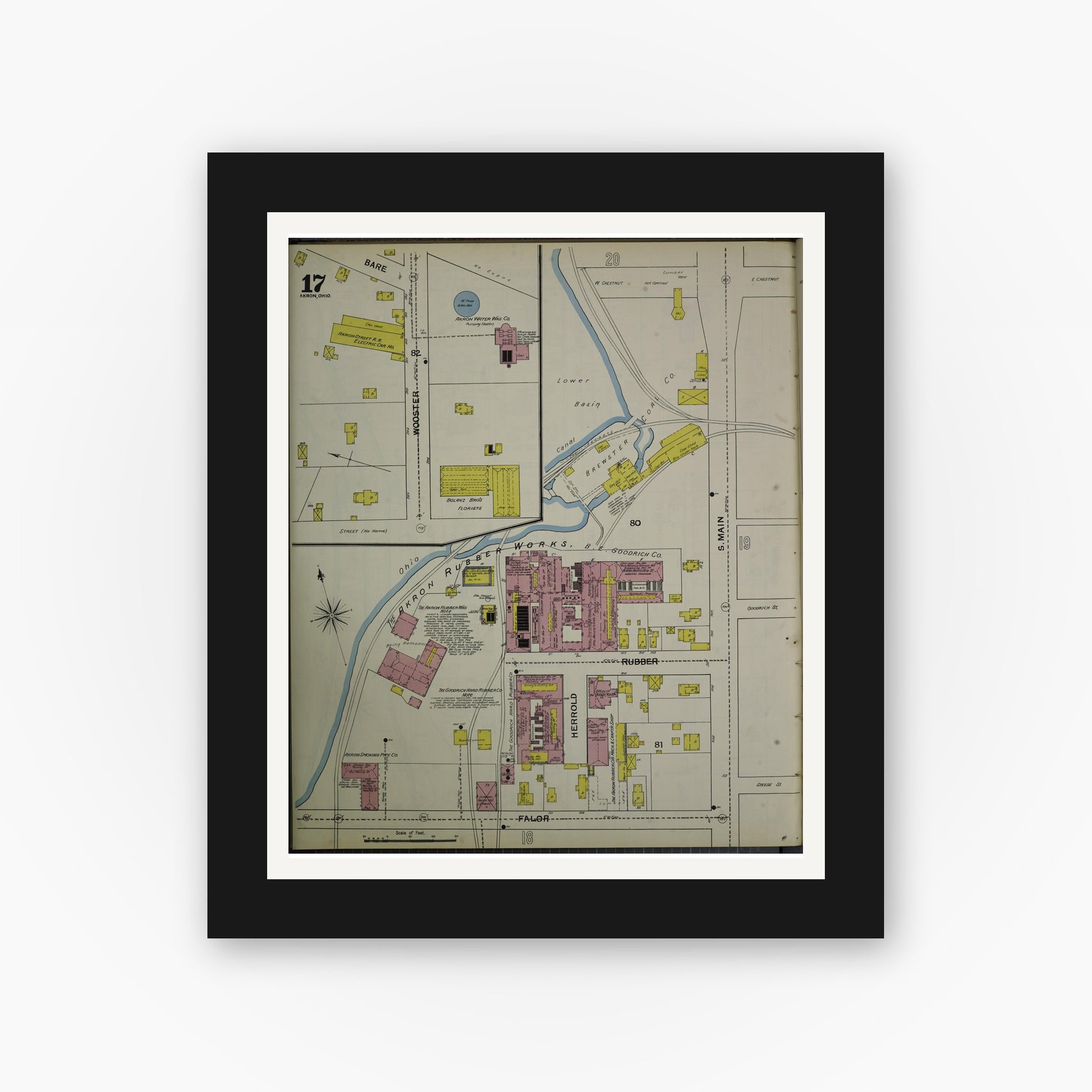 Old map wall art mockup — black gallery frame with white mat — Sanborn Fire Insurance Map from Akron, Summit County, Ohio (1892), Sheet #0017