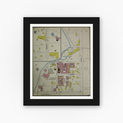 Old map wall art mockup — black gallery frame with white mat — Sanborn Fire Insurance Map from Akron, Summit County, Ohio (1892), Sheet #0017