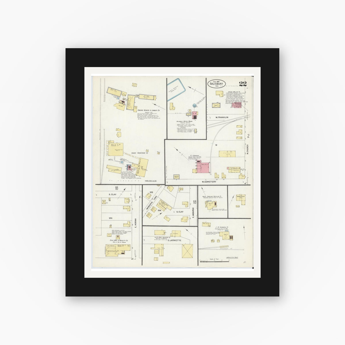 Old map wall art mockup — black gallery frame with white mat — Sanborn Fire Insurance Map from Salisbury, Rowan County, North Carolina (1907), Sheet #0022