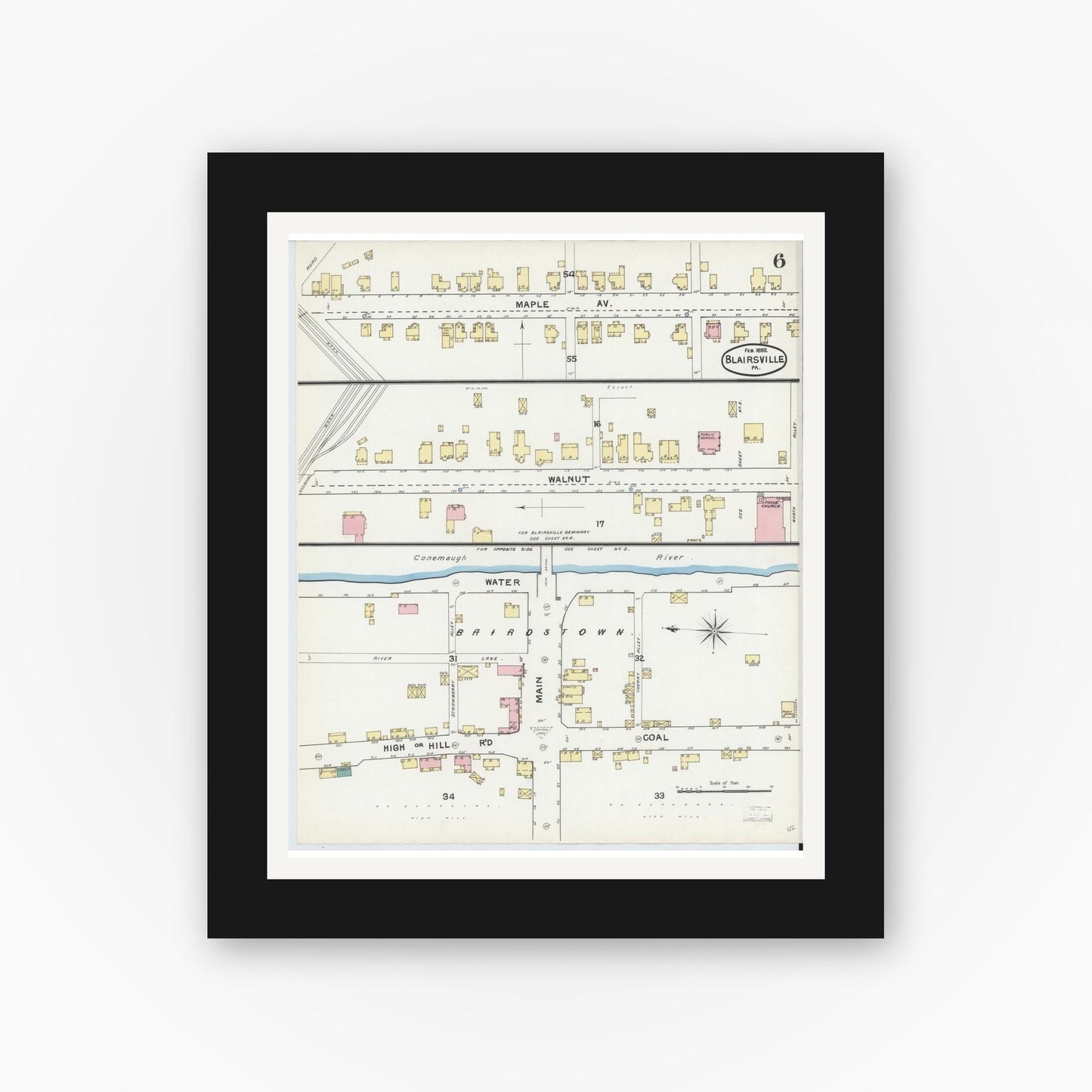 Old map wall art mockup — black gallery frame with white mat — Sanborn Fire Insurance Map from Blairsville, Indiana County, Pennsylvania (1892), Sheet #0006