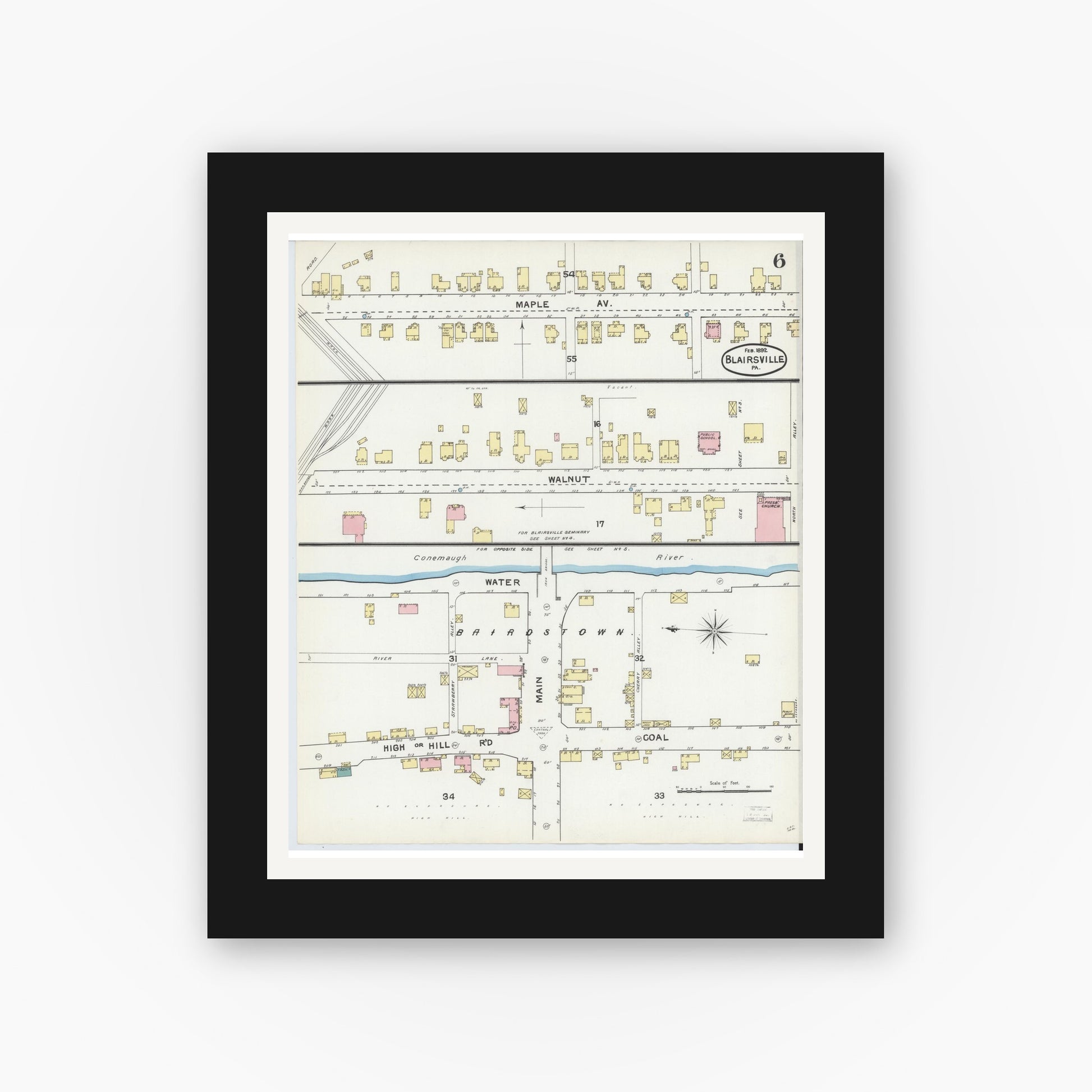 Old map wall art mockup — black gallery frame with white mat — Sanborn Fire Insurance Map from Blairsville, Indiana County, Pennsylvania (1892), Sheet #0006