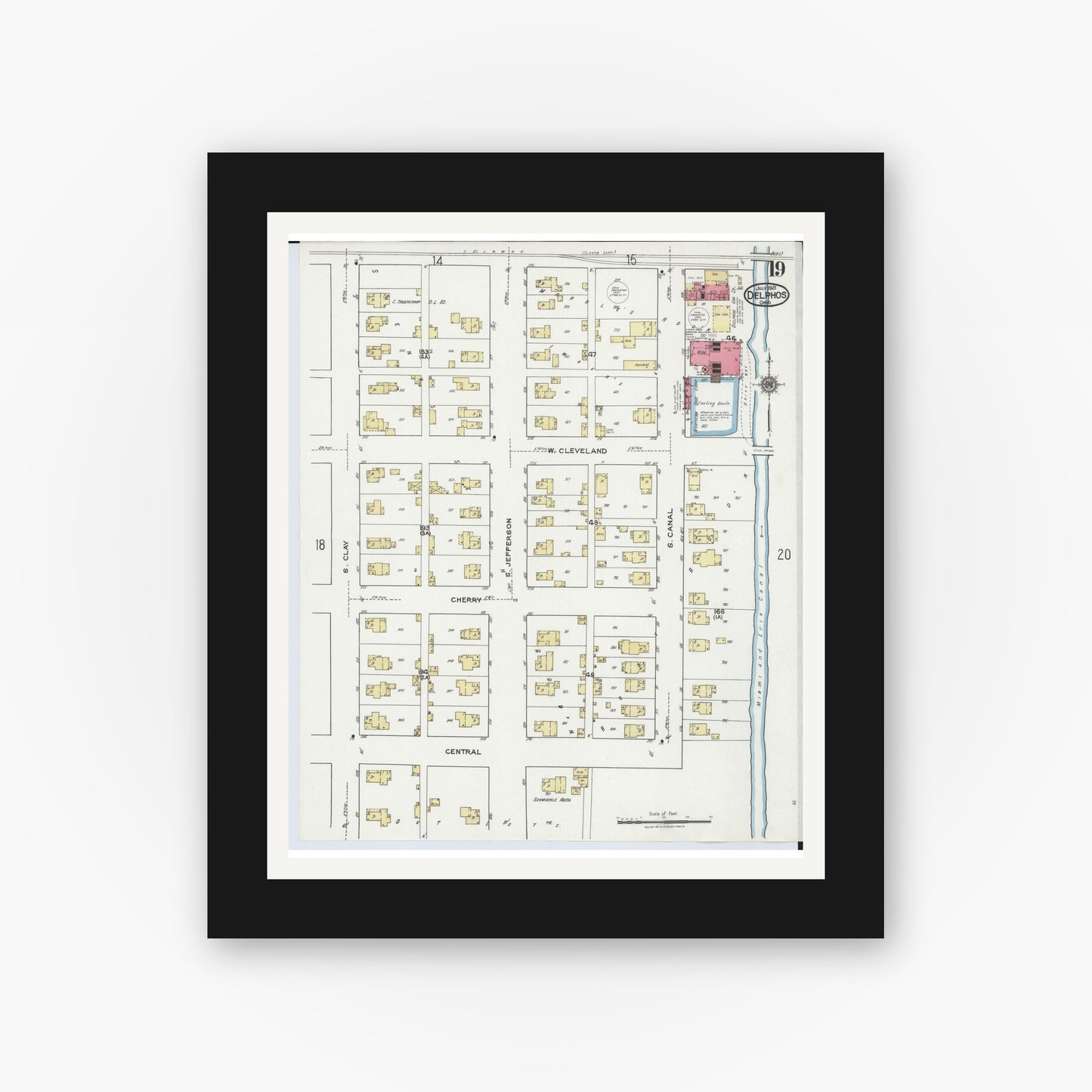 Old map wall art mockup — black gallery frame with white mat — Sanborn Fire Insurance Map from Delphos, Van Wert And Allen Counties, Ohio (1921), Sheet #0019