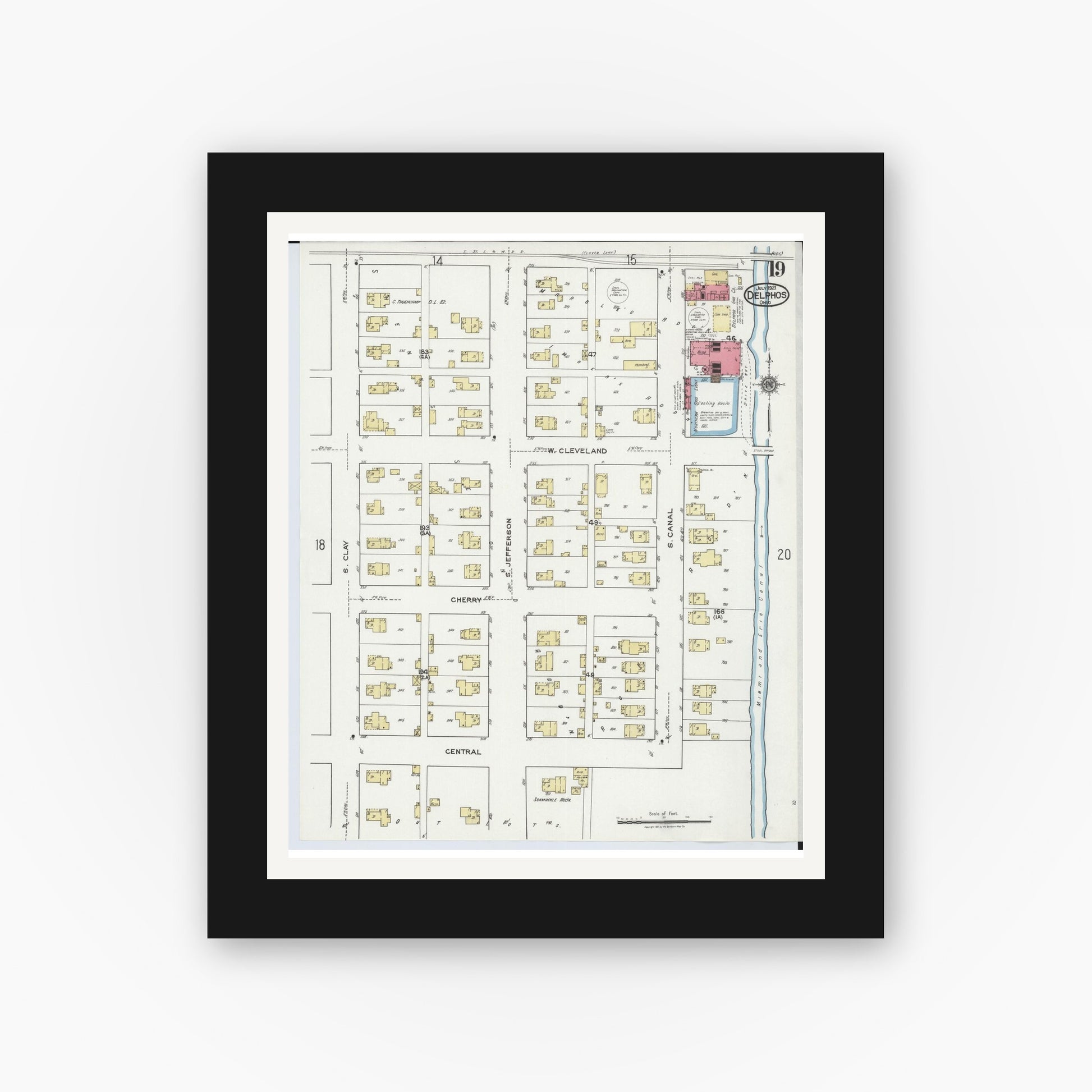 Old map wall art mockup — black gallery frame with white mat — Sanborn Fire Insurance Map from Delphos, Van Wert And Allen Counties, Ohio (1921), Sheet #0019