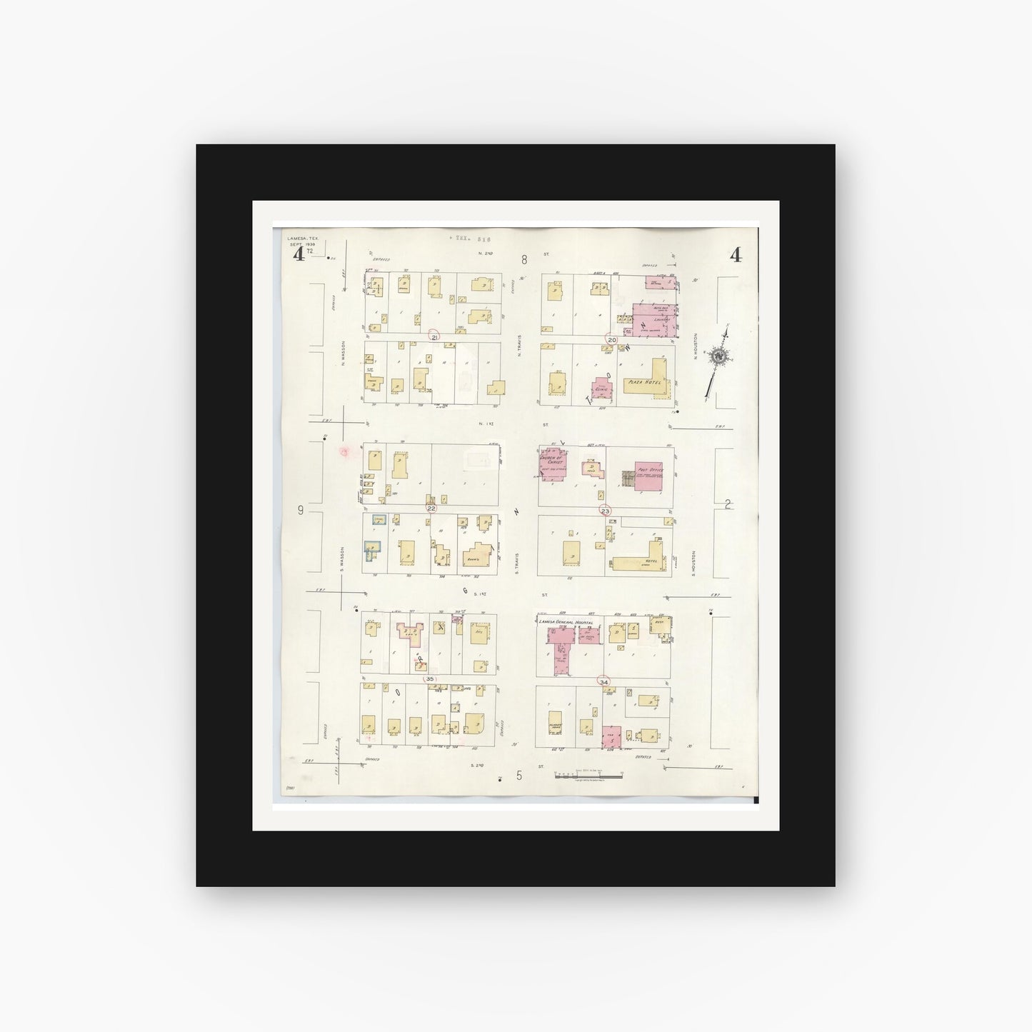 Old map wall art mockup — black gallery frame with white mat — Sanborn Fire Insurance Map from Lamesa, Dawson County, Texas (1948), Sheet #0004