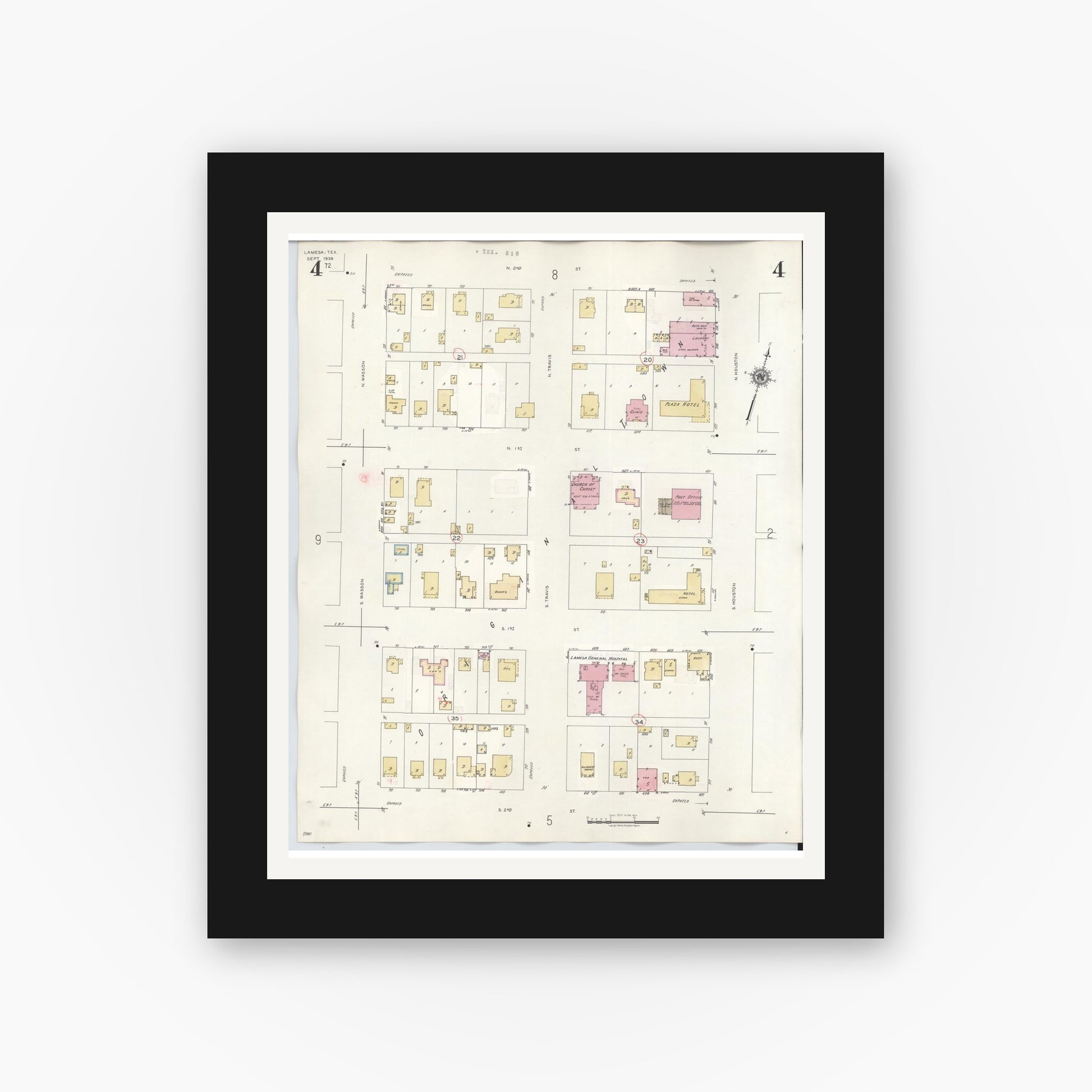 Old map wall art mockup — black gallery frame with white mat — Sanborn Fire Insurance Map from Lamesa, Dawson County, Texas (1948), Sheet #0004