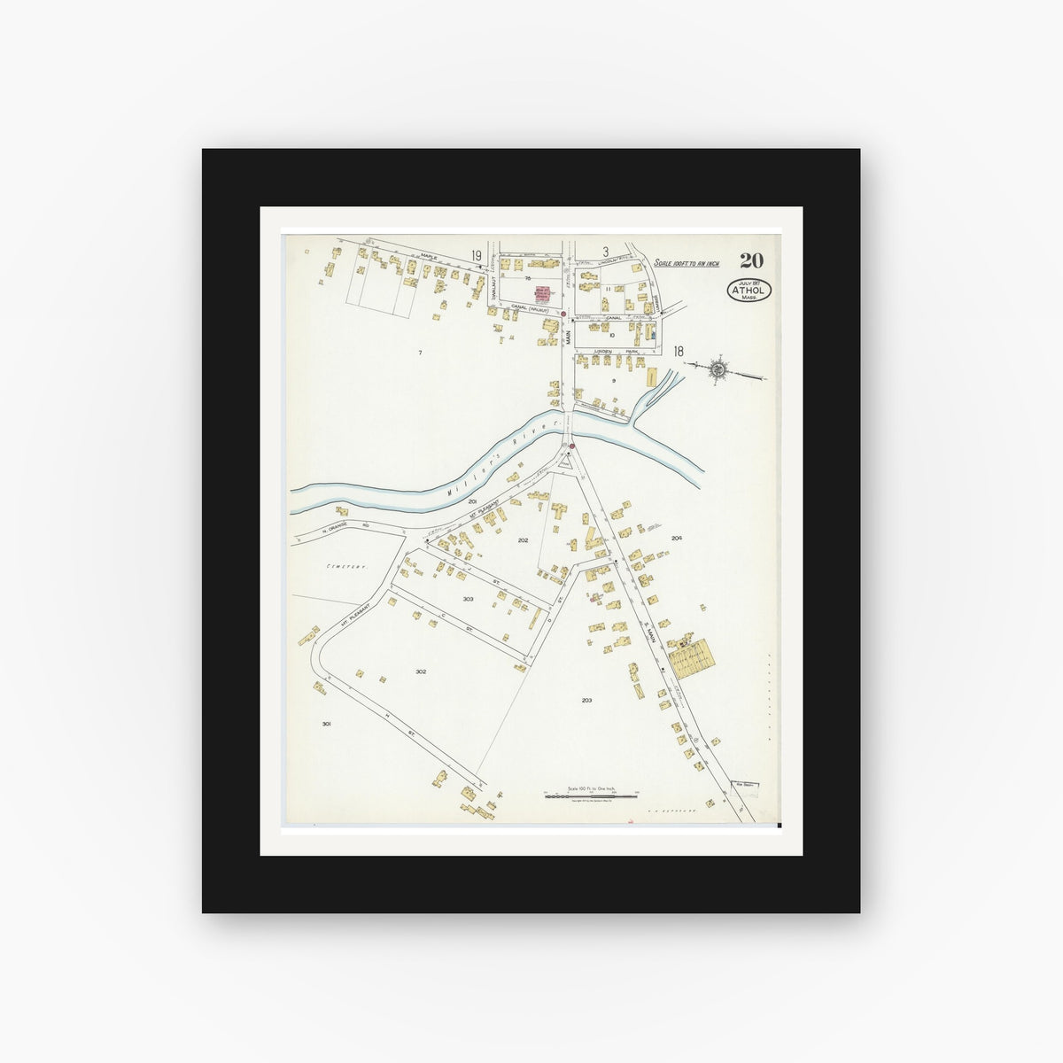 Old map wall art mockup — black gallery frame with white mat — Sanborn Fire Insurance Map from Athol, Worcester County, Massachusetts (1917), Sheet #0020