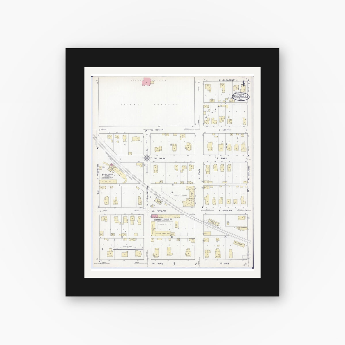 Old map wall art mockup — black gallery frame with white mat — Sanborn Fire Insurance Map from Taylorville, Christian County, Illinois (1914), Sheet #0004