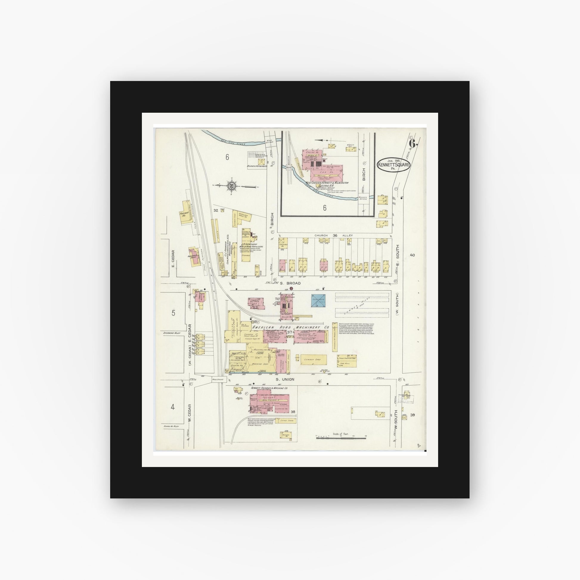 Old map wall art mockup — black gallery frame with white mat — Sanborn Fire Insurance Map from Kennett Square, Chester County, Pennsylvania (1914), Sheet #0006