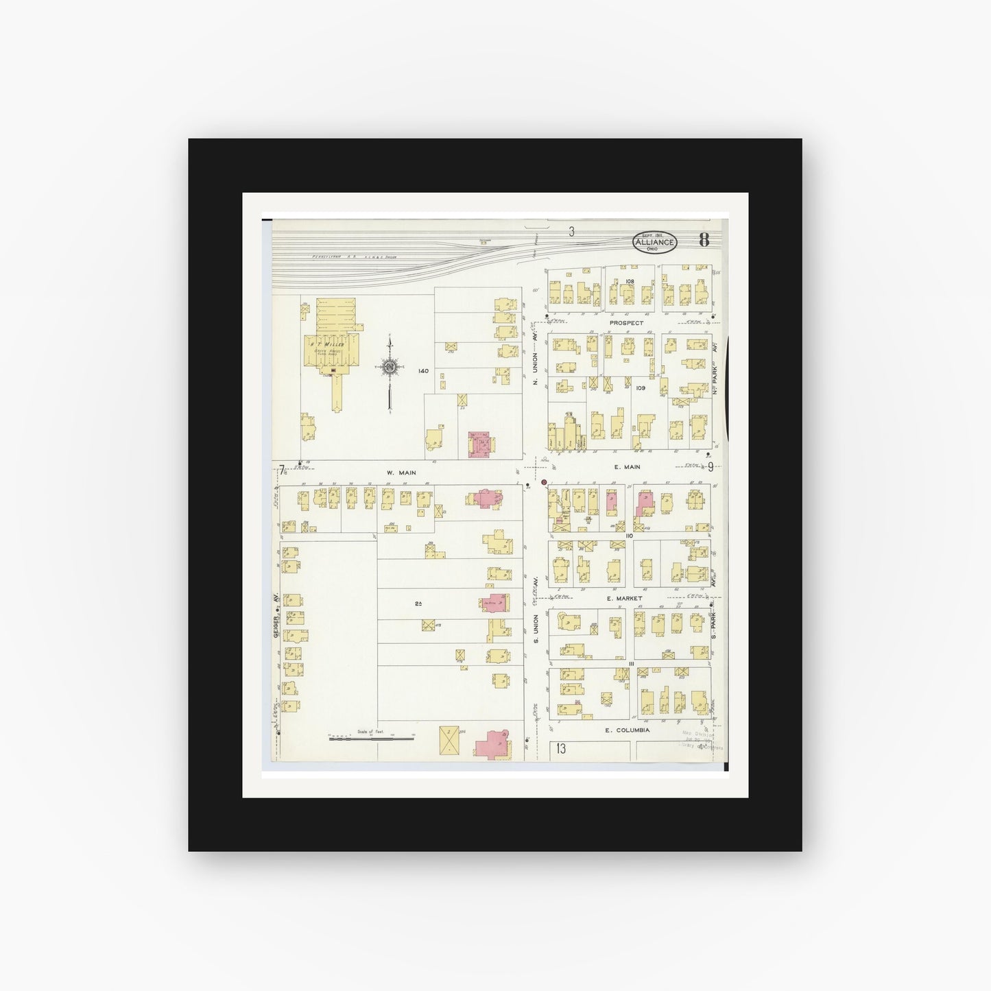 Old map wall art mockup — black gallery frame with white mat — Sanborn Fire Insurance Map from Alliance, Stark County, Ohio (1911), Sheet #0008