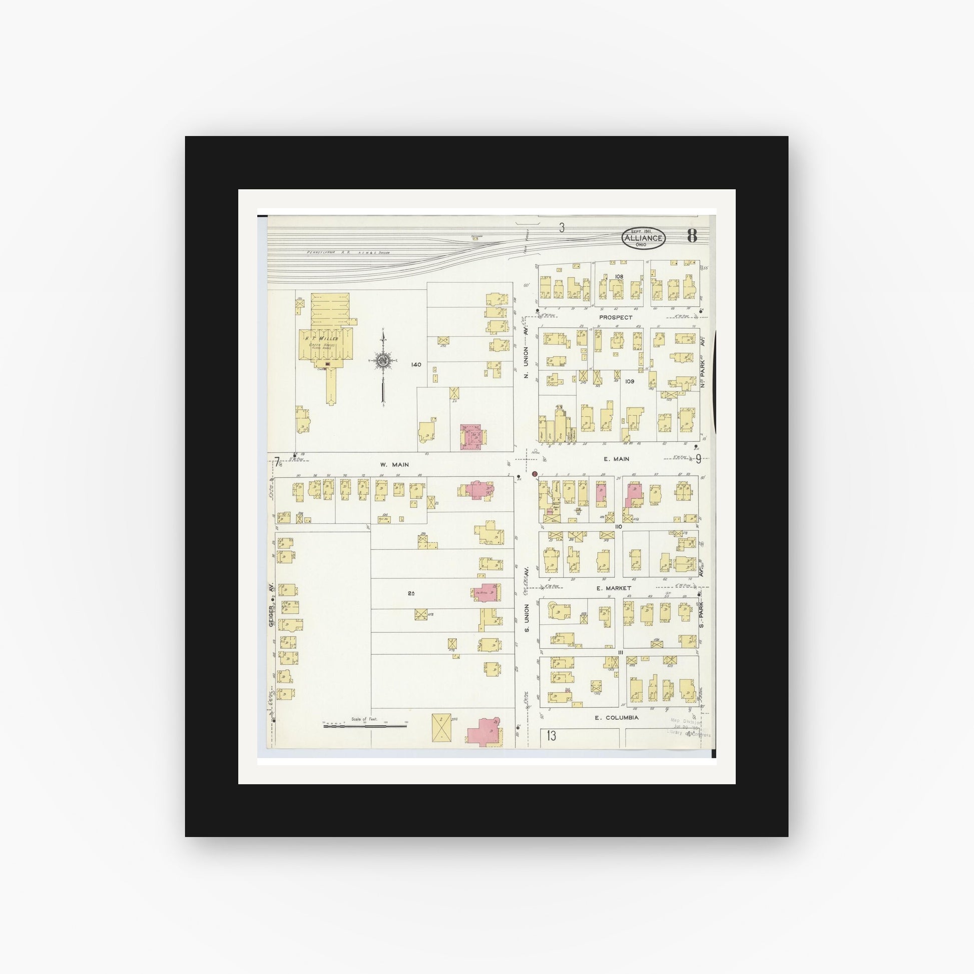 Old map wall art mockup — black gallery frame with white mat — Sanborn Fire Insurance Map from Alliance, Stark County, Ohio (1911), Sheet #0008
