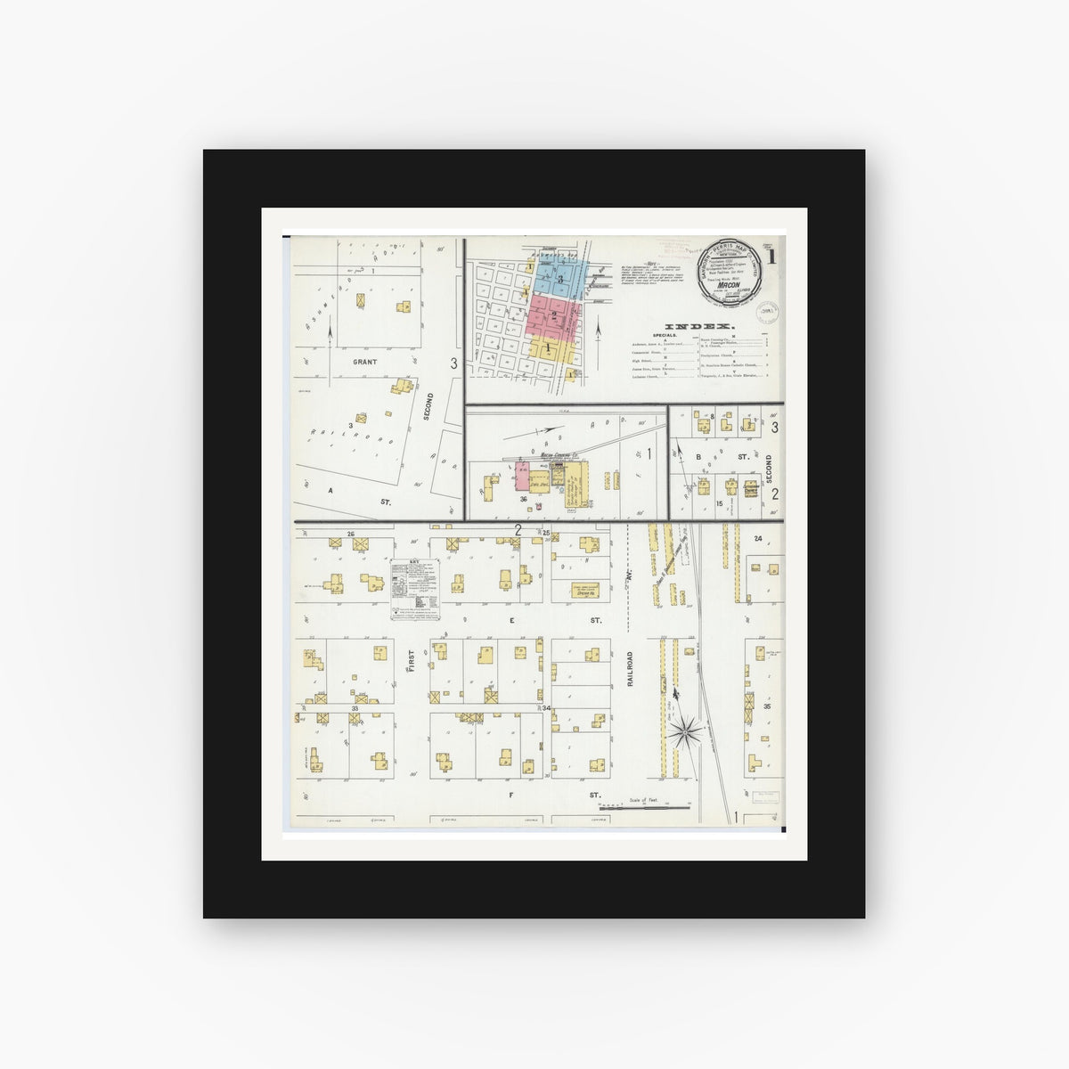 Old map wall art mockup — black gallery frame with white mat — Sanborn Fire Insurance Map from Macon, Macon County, Illinois (1899), Sheet #0001