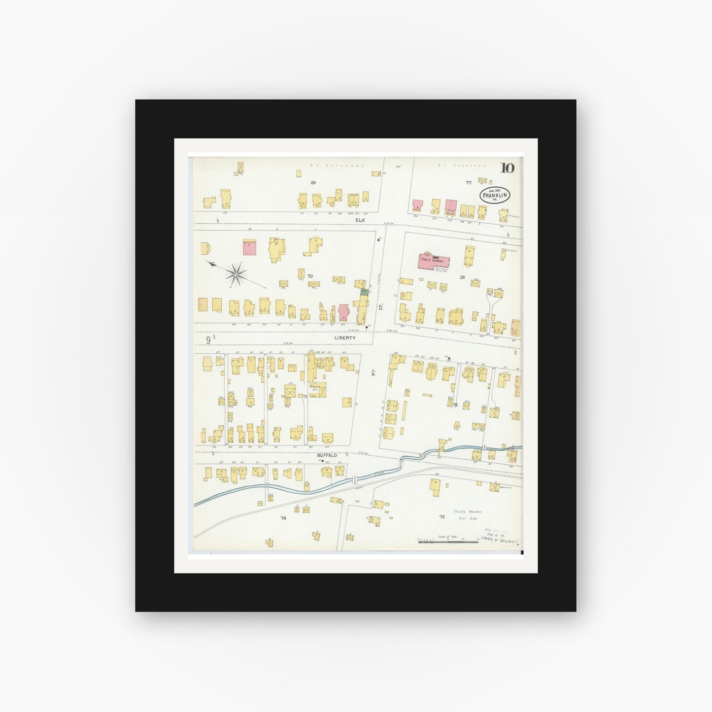 Old map wall art mockup — black gallery frame with white mat — Sanborn Fire Insurance Map from Franklin, Venango County, Pennsylvania (1901), Sheet #0010