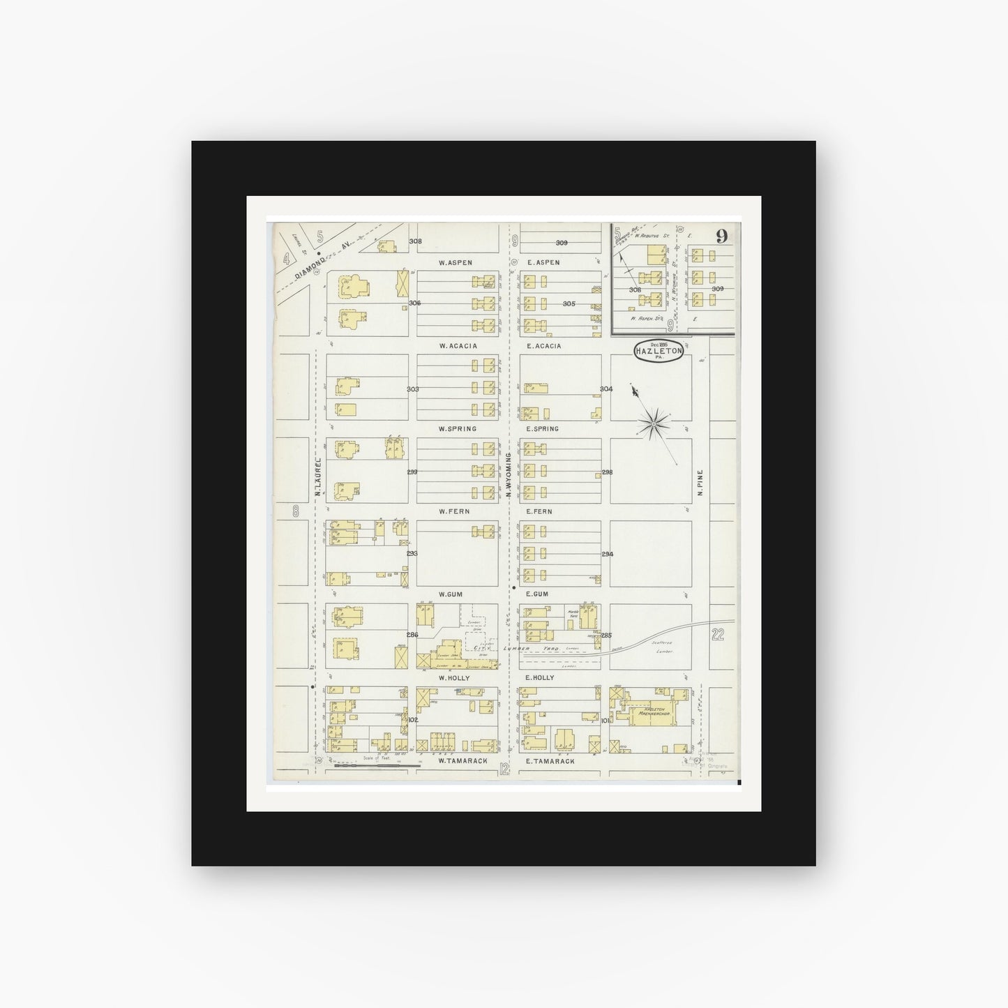 Old map wall art mockup — black gallery frame with white mat — Sanborn Fire Insurance Map from Hazleton, Luzerne County, Pennsylvania (1895), Sheet #0009