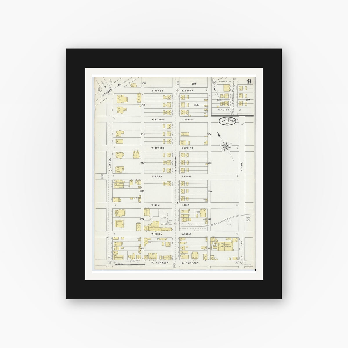 Old map wall art mockup — black gallery frame with white mat — Sanborn Fire Insurance Map from Hazleton, Luzerne County, Pennsylvania (1895), Sheet #0009
