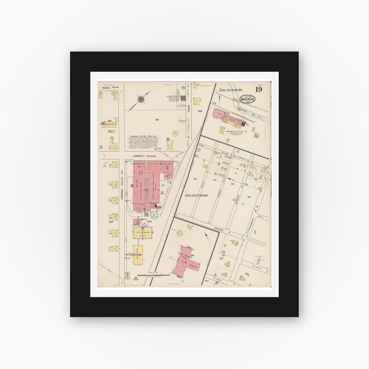 Old map wall art mockup — black gallery frame with white mat — Sanborn Fire Insurance Map from Monroe, Union County, North Carolina (1922), Sheet #0019