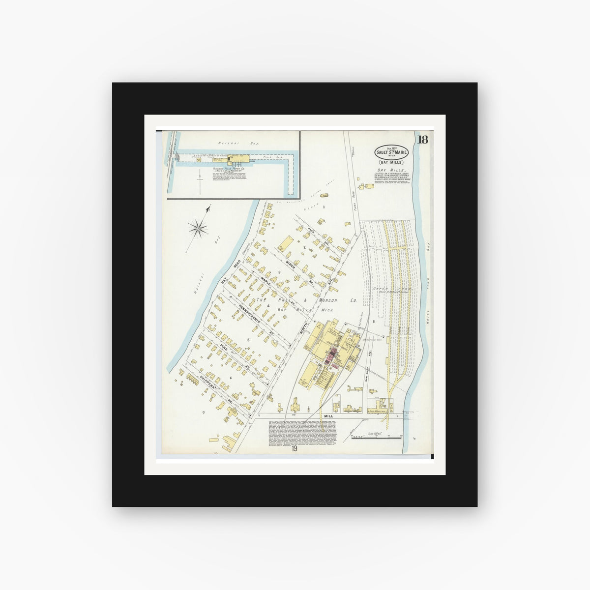 Old map wall art mockup — black gallery frame with white mat — Sanborn Fire Insurance Map from Sault Sainte Marie, Chippewa County, Michigan (1897), Sheet #0018