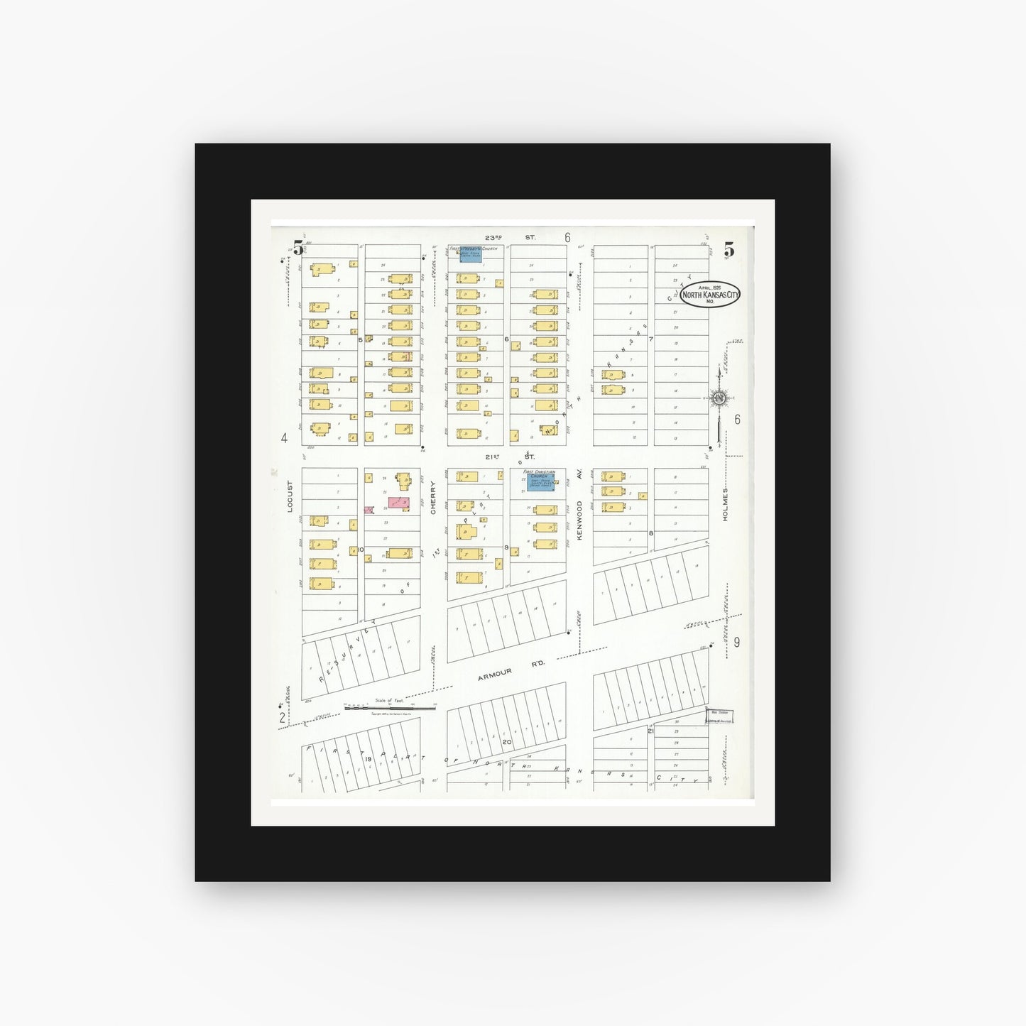 Old map wall art mockup — black gallery frame with white mat — Sanborn Fire Insurance Map from North Kansas City, Clay County, Missouri (1926), Sheet #0005