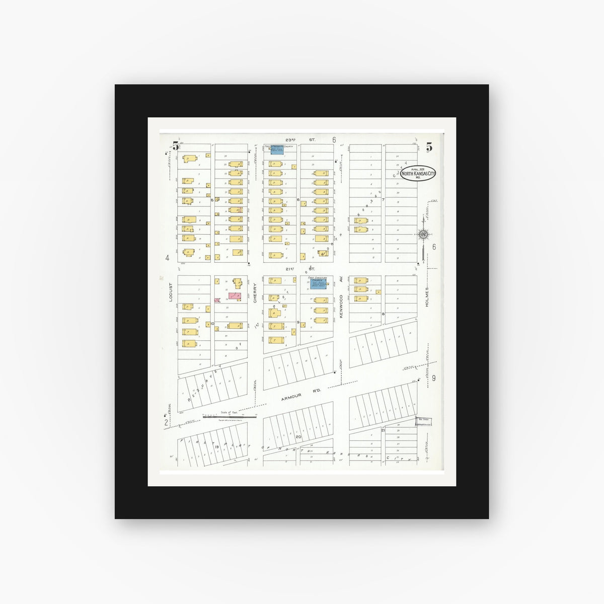Old map wall art mockup — black gallery frame with white mat — Sanborn Fire Insurance Map from North Kansas City, Clay County, Missouri (1926), Sheet #0005