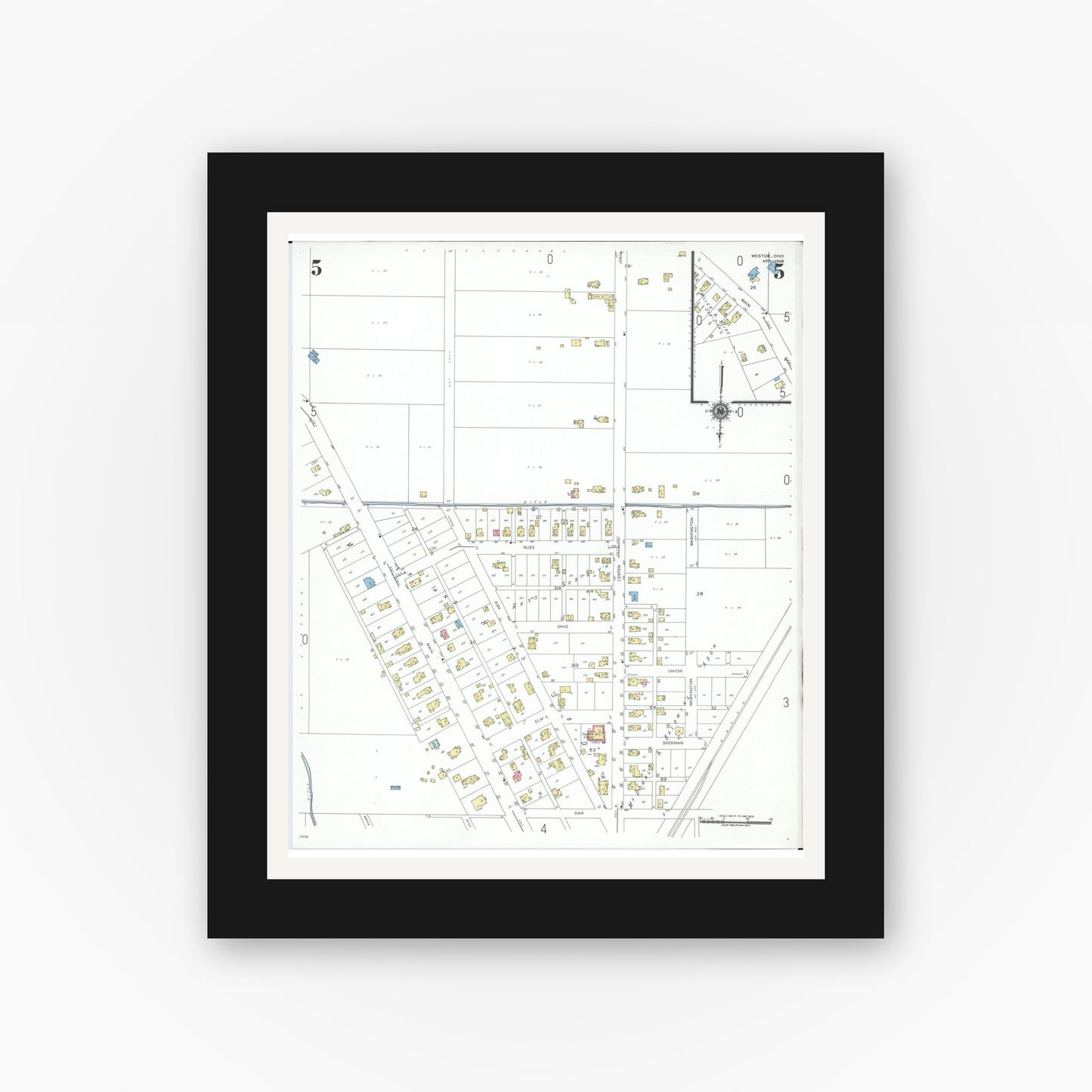 Old map wall art mockup — black gallery frame with white mat — Sanborn Fire Insurance Map from Weston, Wood County, Ohio (1948), Sheet #0005