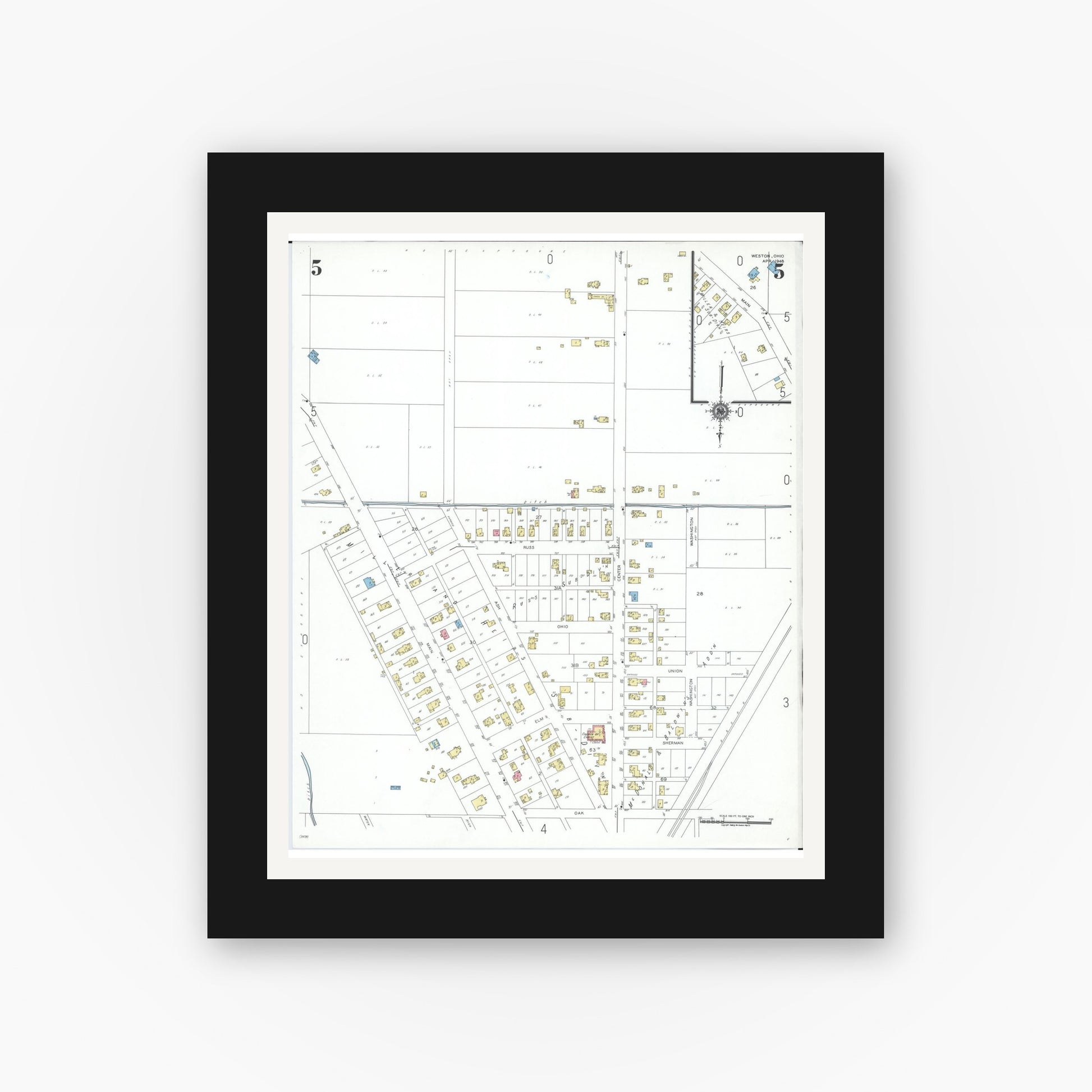 Old map wall art mockup — black gallery frame with white mat — Sanborn Fire Insurance Map from Weston, Wood County, Ohio (1948), Sheet #0005