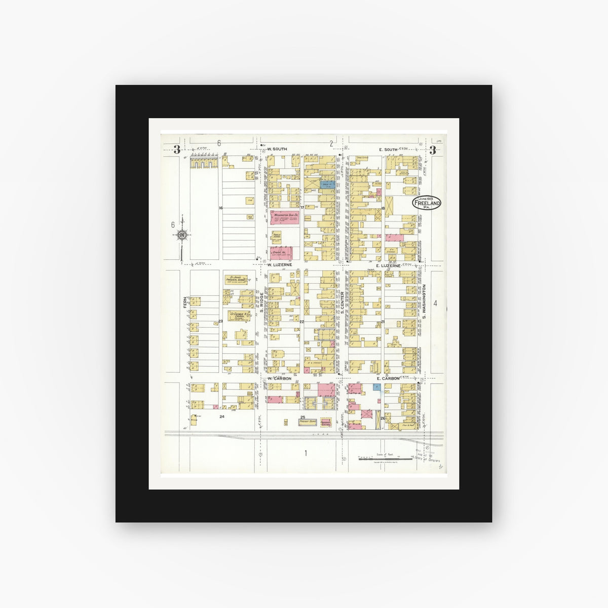 Old map wall art mockup — black gallery frame with white mat — Sanborn Fire Insurance Map from Freeland, Luzerne County, Pennsylvania (1923), Sheet #0003