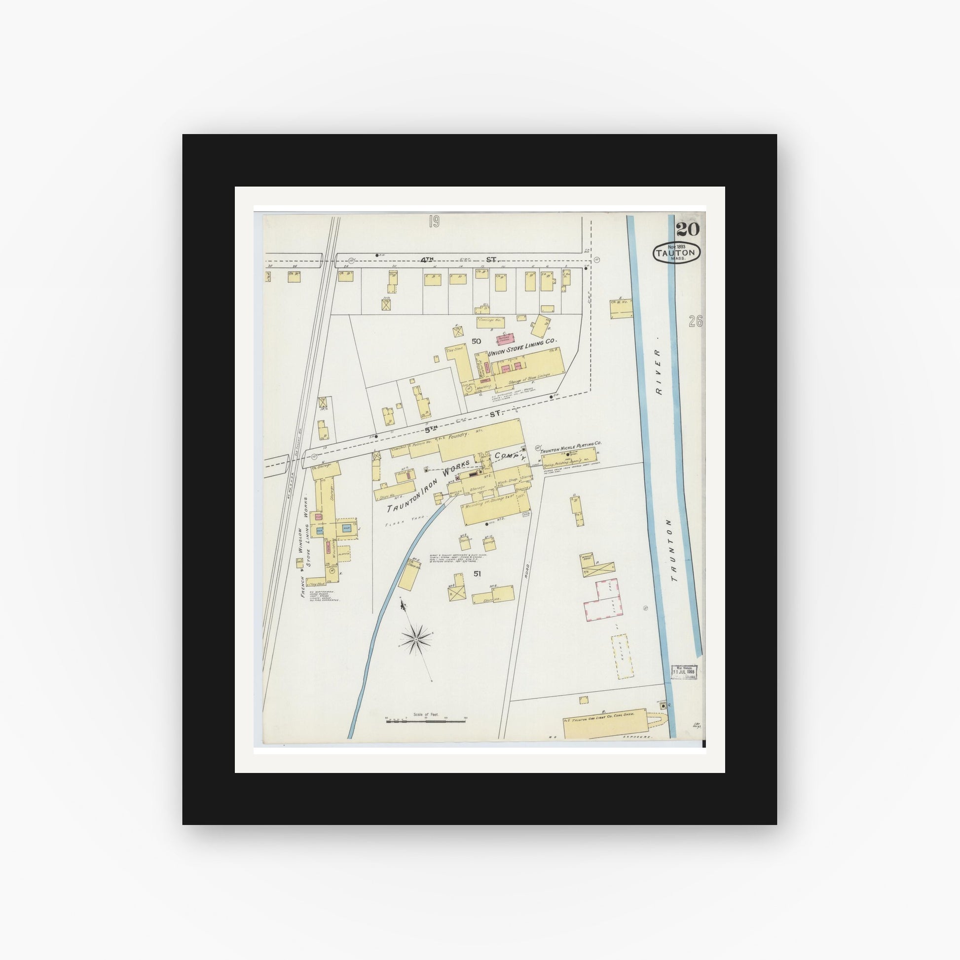 Old map wall art mockup — black gallery frame with white mat — Sanborn Fire Insurance Map from Taunton, Bristol County, Massachusetts (1893), Sheet #0020