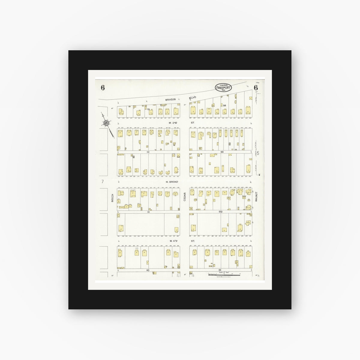Old map wall art mockup — black gallery frame with white mat — Sanborn Fire Insurance Map from Freeport, Brazoria County, Texas (1926), Sheet #0006