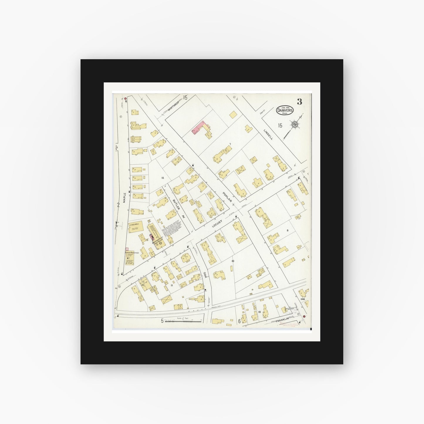 Old map wall art mockup — black gallery frame with white mat — Sanborn Fire Insurance Map from Danvers, Essex County, Massachusetts (1916), Sheet #0003