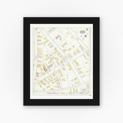Old map wall art mockup — black gallery frame with white mat — Sanborn Fire Insurance Map from Danvers, Essex County, Massachusetts (1916), Sheet #0003