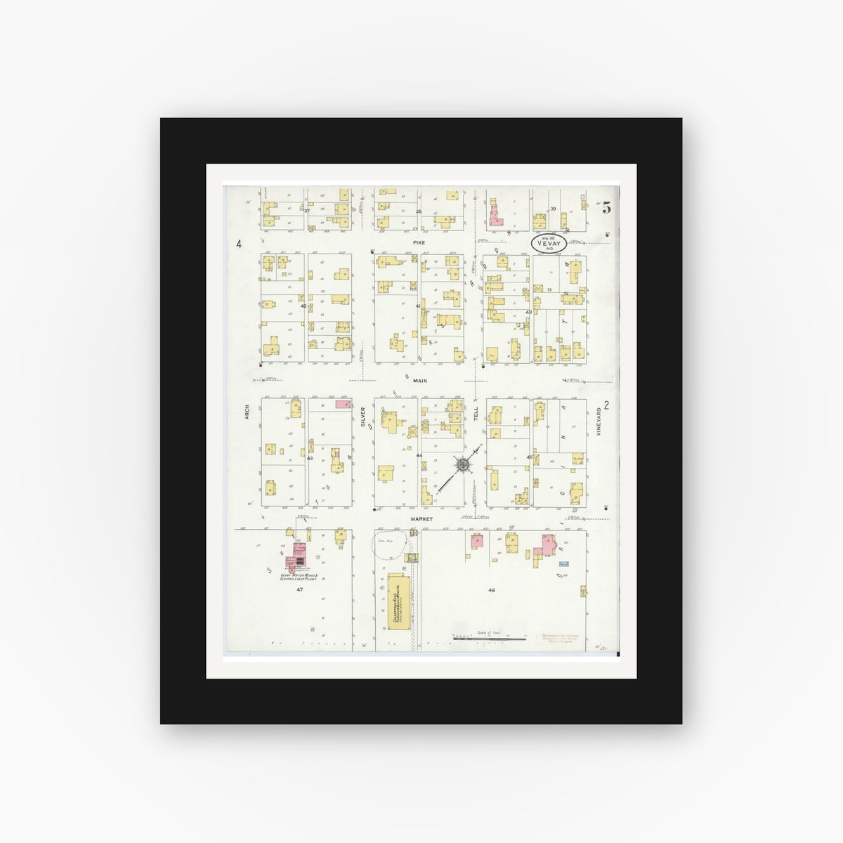 Old map wall art mockup — black gallery frame with white mat — Sanborn Fire Insurance Map from Vevay, Switzerland County, Indiana (1911), Sheet #0005