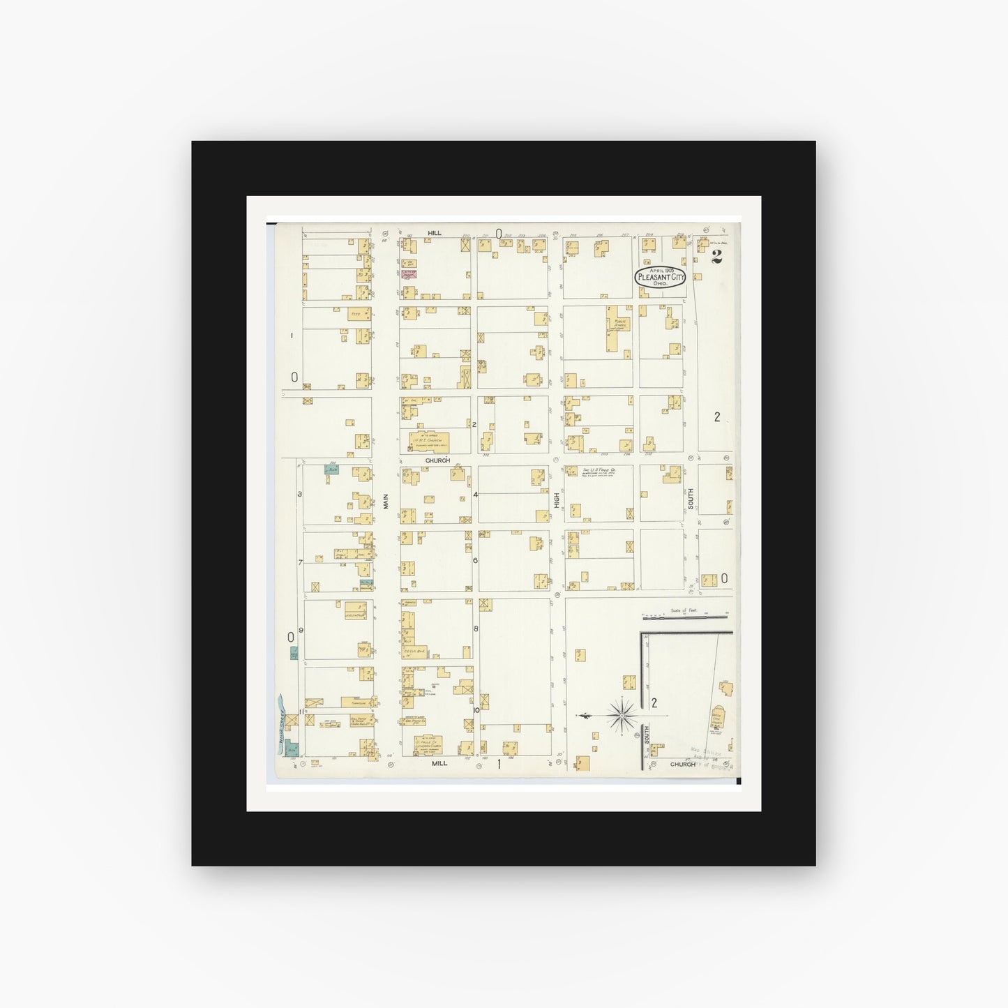 Old map wall art mockup — black gallery frame with white mat — Sanborn Fire Insurance Map from Pleasant City, Guernsey County, Ohio (1905), Sheet #0002