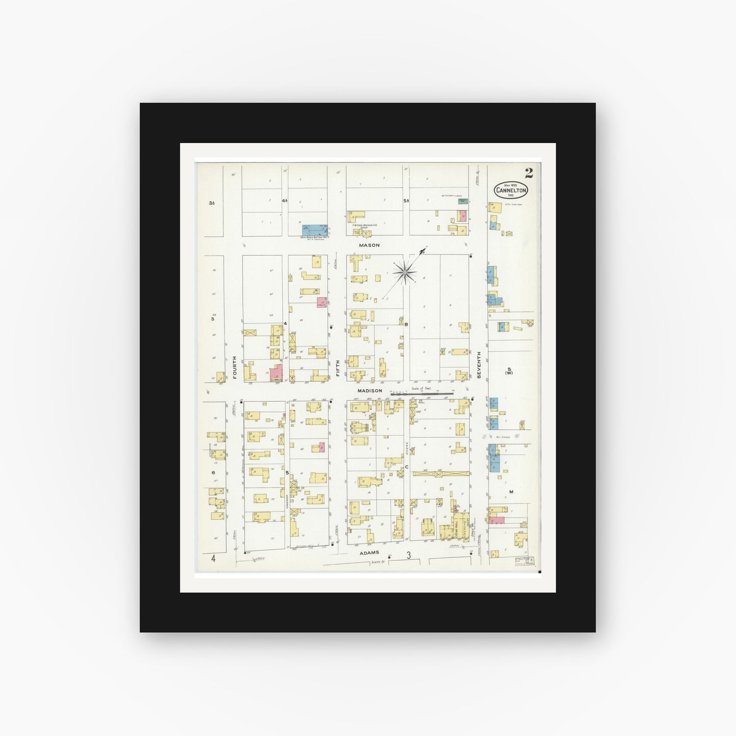 Old map wall art mockup — black gallery frame with white mat — Sanborn Fire Insurance Map from Cannelton, Perry County, Indiana (1909), Sheet #0002