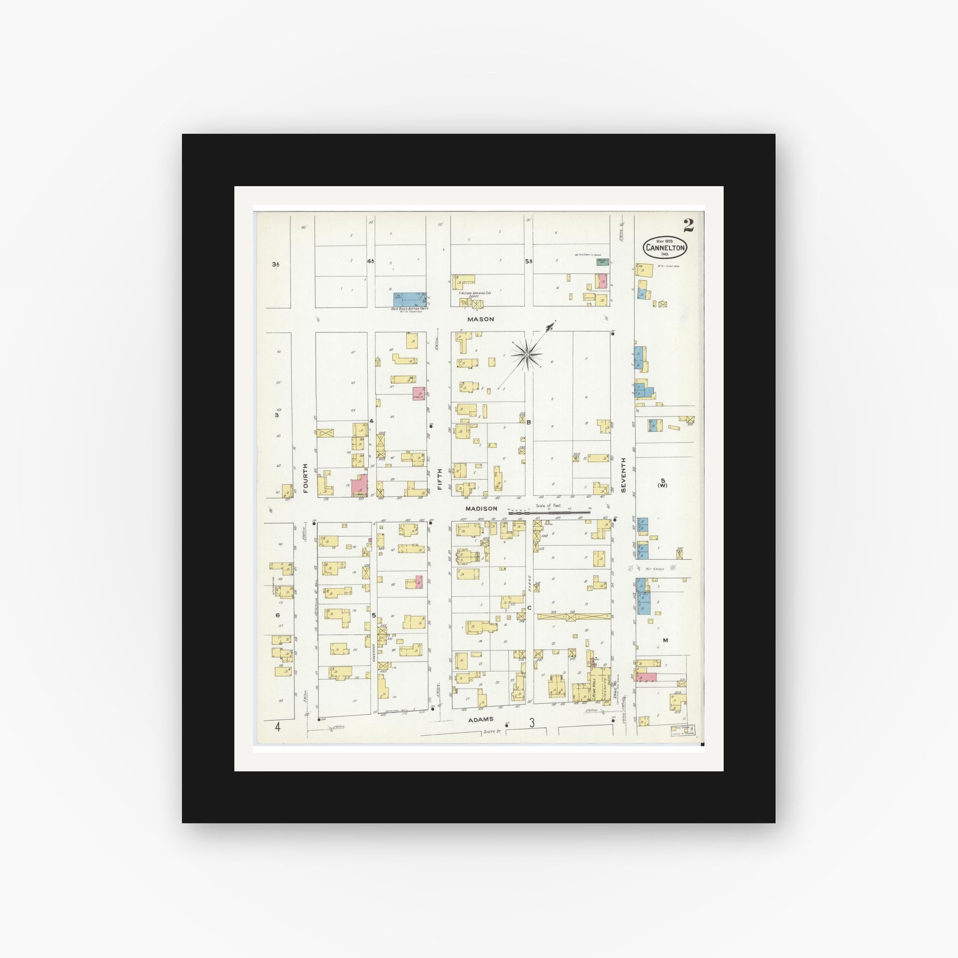 Old map wall art mockup — black gallery frame with white mat — Sanborn Fire Insurance Map from Cannelton, Perry County, Indiana (1909), Sheet #0002