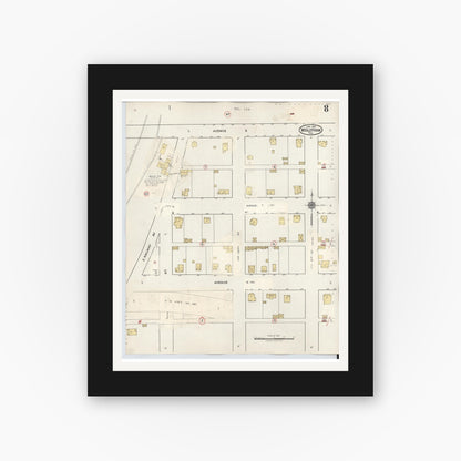 Old map wall art mockup — black gallery frame with white mat — Sanborn Fire Insurance Map from Midlothian, Ellis County, Texas (1944), Sheet #0008