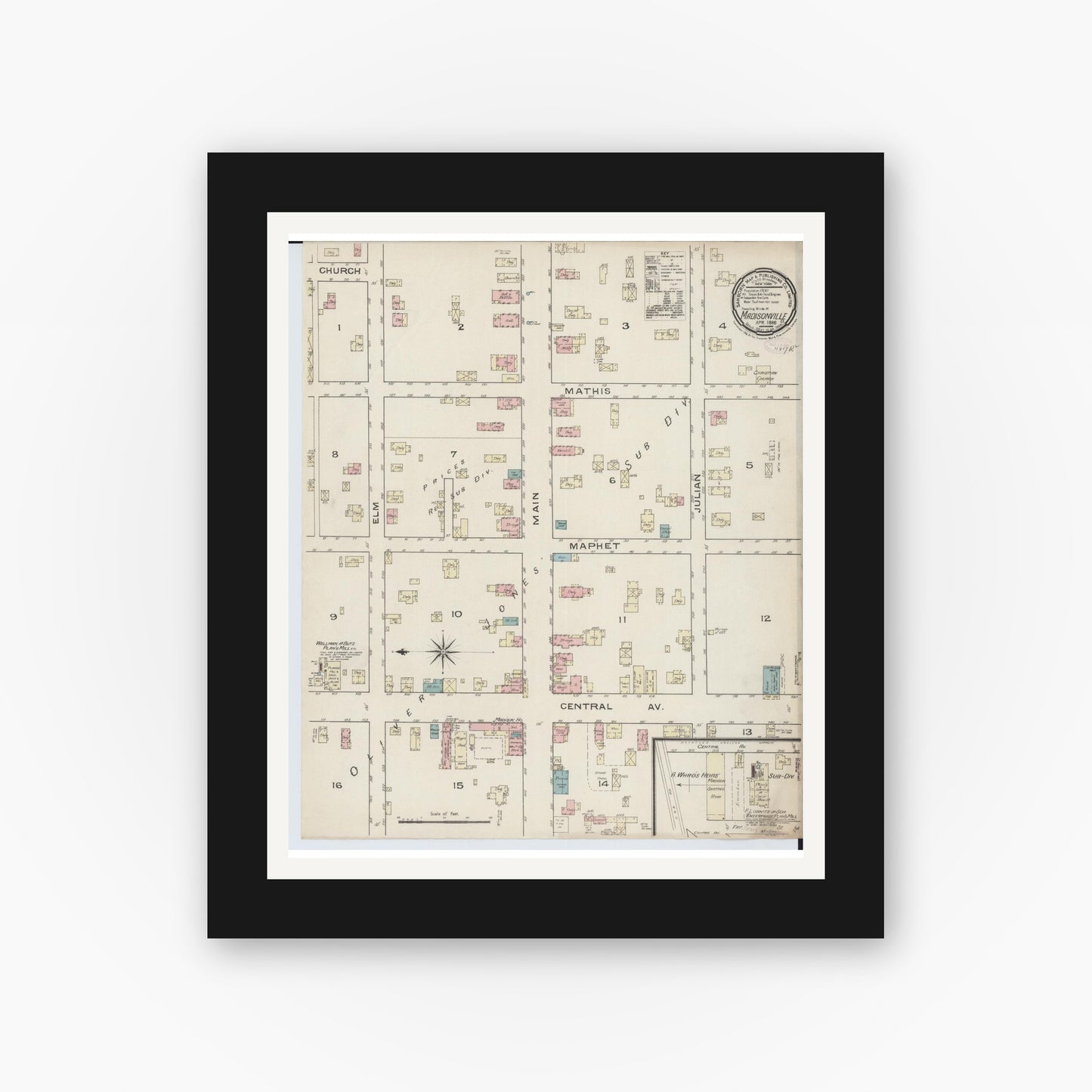 Old map wall art mockup — black gallery frame with white mat — Sanborn Fire Insurance Map from Madisonville, Hamilton County, Ohio (1886), Sheet #0001