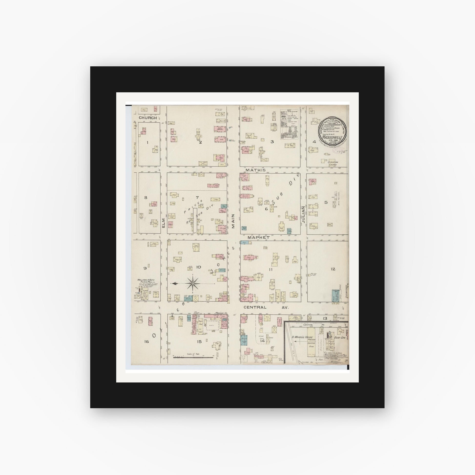 Old map wall art mockup — black gallery frame with white mat — Sanborn Fire Insurance Map from Madisonville, Hamilton County, Ohio (1886), Sheet #0001