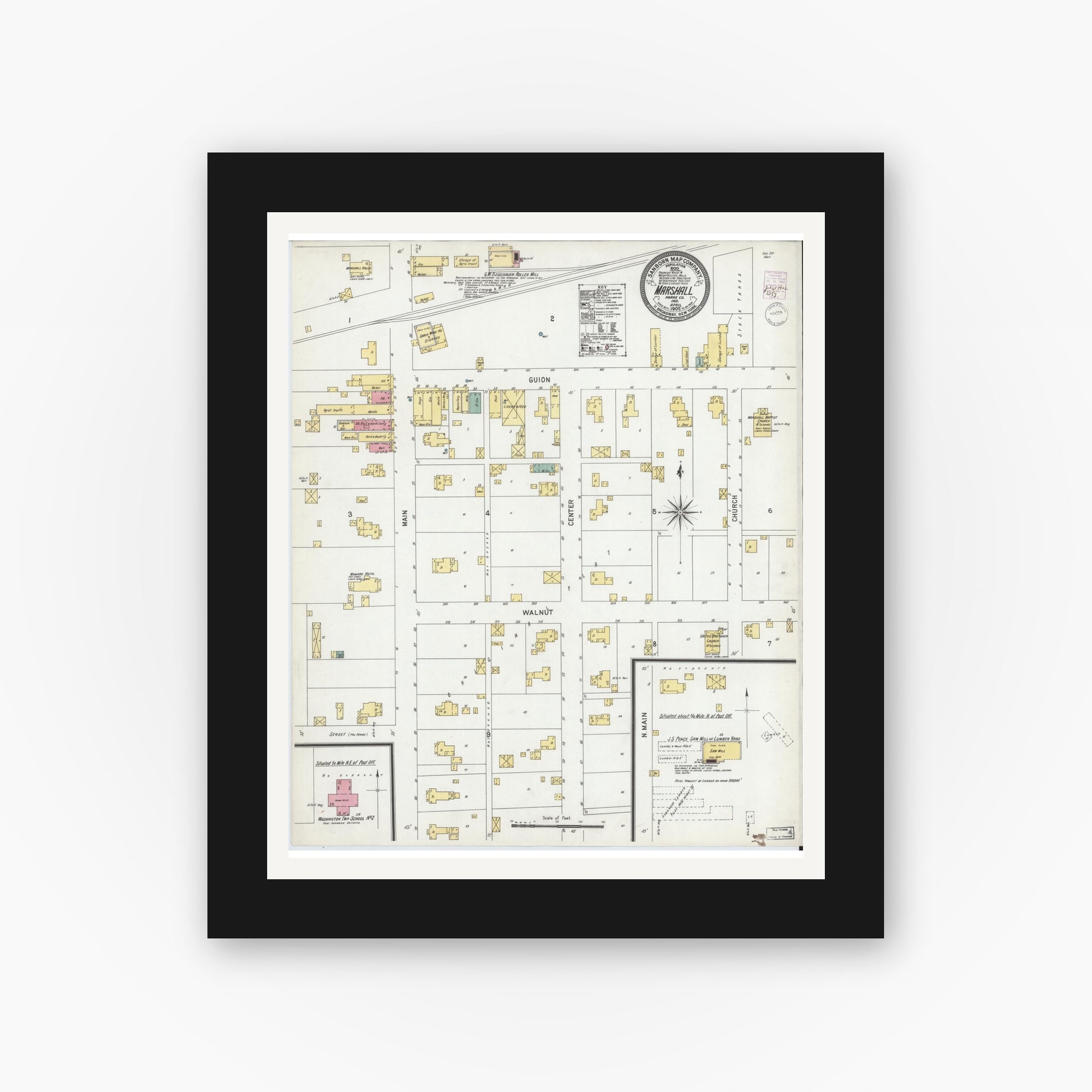 Old map wall art mockup — black gallery frame with white mat — Sanborn Fire Insurance Map from Marshall, Parke County, Indiana (1902), Sheet #0001