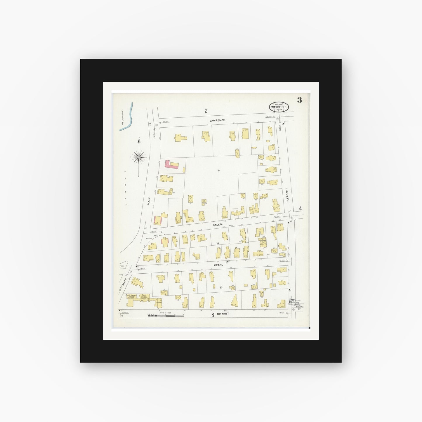 Old map wall art mockup — black gallery frame with white mat — Sanborn Fire Insurance Map from Wakefield, Middlesex County, Massachusetts (1909), Sheet #0003