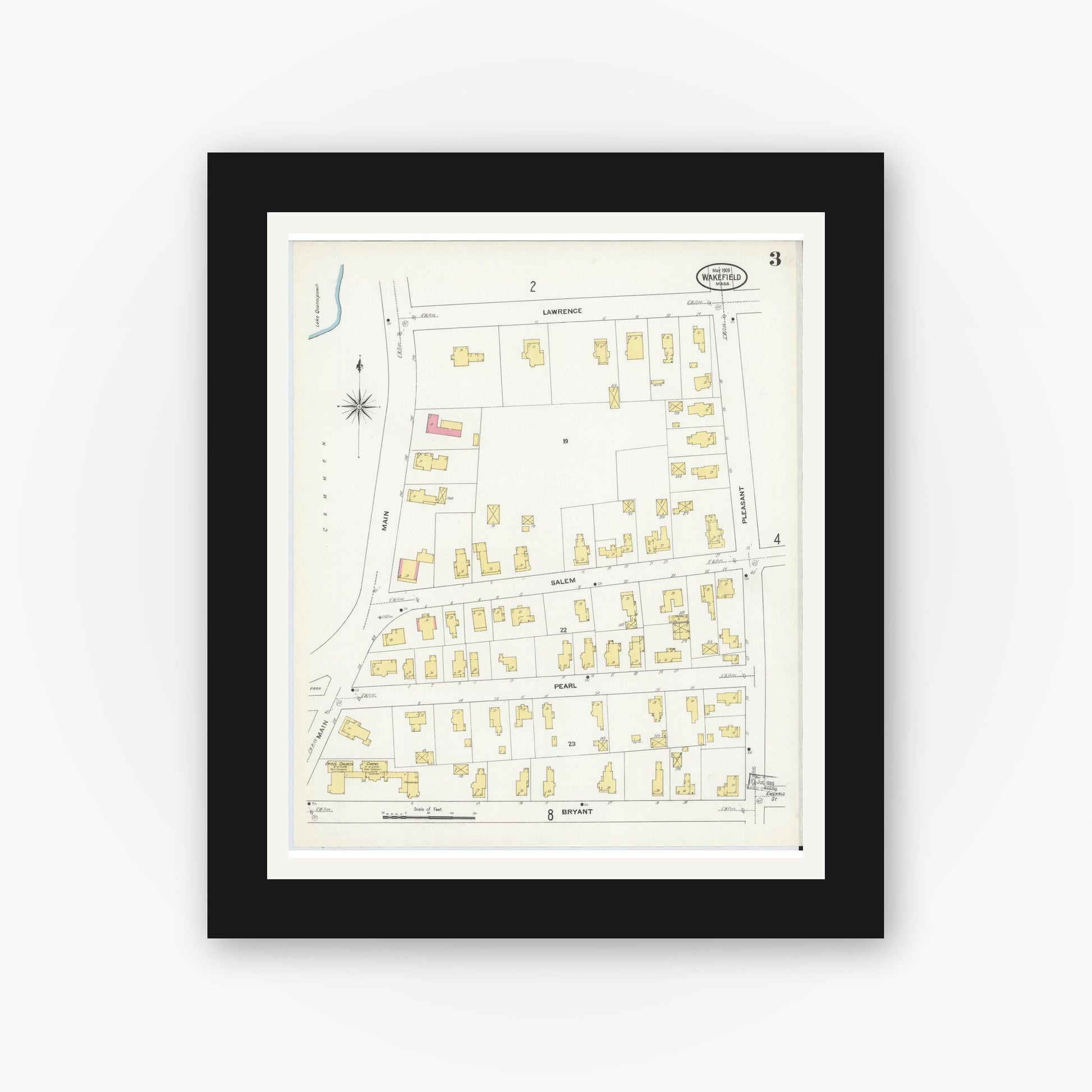Old map wall art mockup — black gallery frame with white mat — Sanborn Fire Insurance Map from Wakefield, Middlesex County, Massachusetts (1909), Sheet #0003