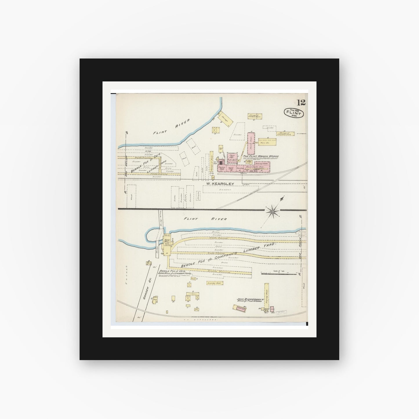 Old map wall art mockup — black gallery frame with white mat — Sanborn Fire Insurance Map from Flint, Genesee County, Michigan (1886), Sheet #0012