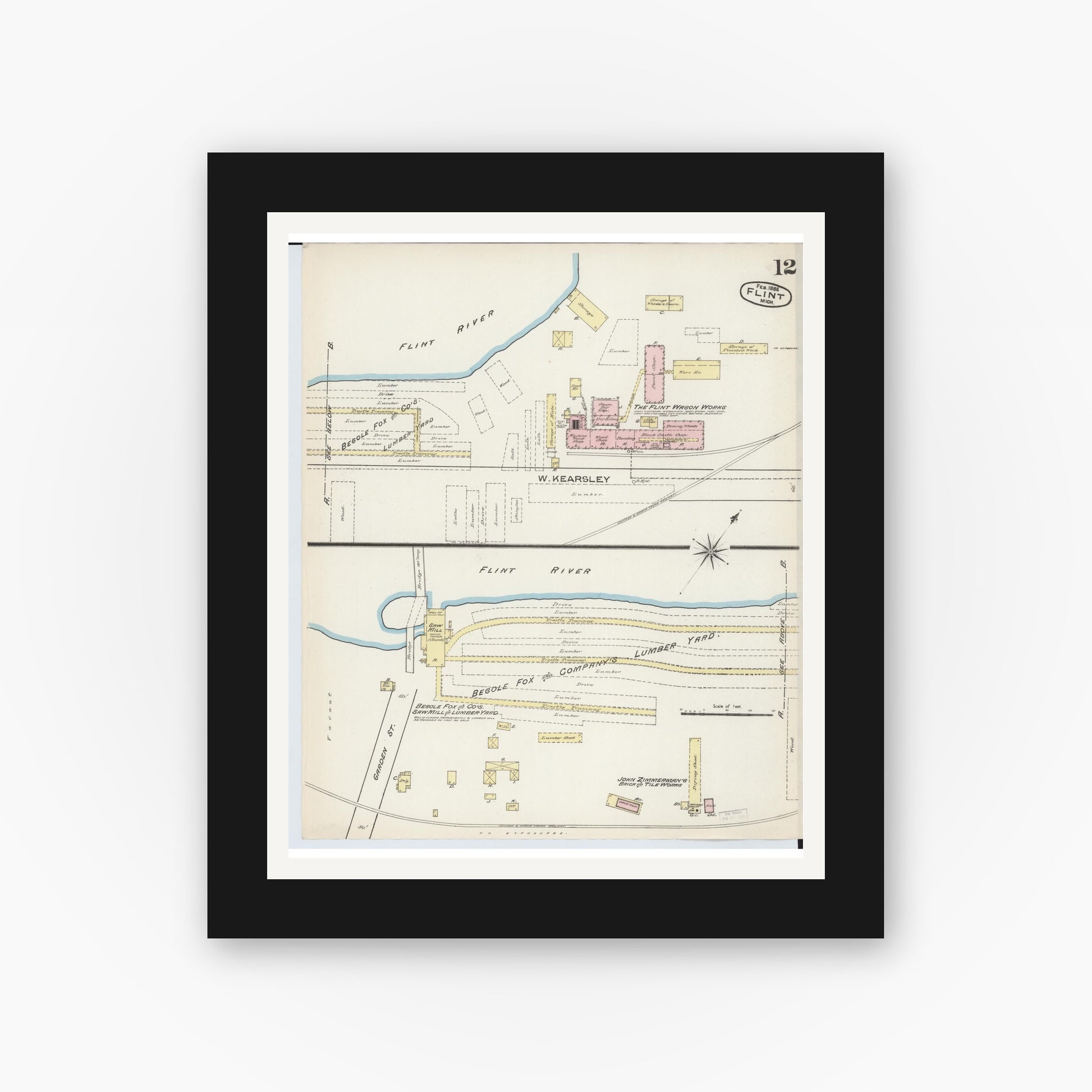 Old map wall art mockup — black gallery frame with white mat — Sanborn Fire Insurance Map from Flint, Genesee County, Michigan (1886), Sheet #0012