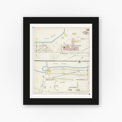 Old map wall art mockup — black gallery frame with white mat — Sanborn Fire Insurance Map from Flint, Genesee County, Michigan (1886), Sheet #0012
