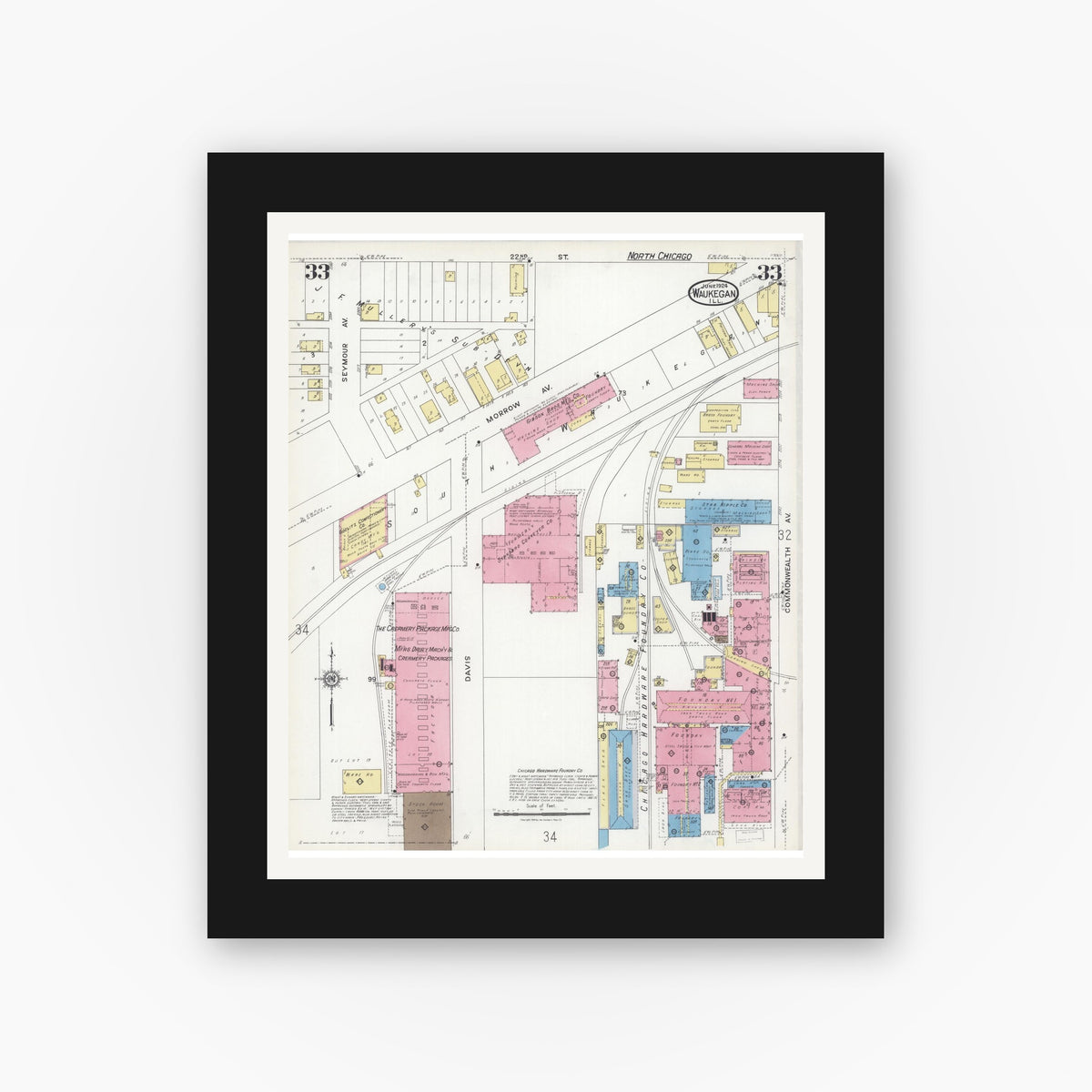 Old map wall art mockup — black gallery frame with white mat — Sanborn Fire Insurance Map from Waukegan, Lake County, Illinois (1924), Sheet #0033