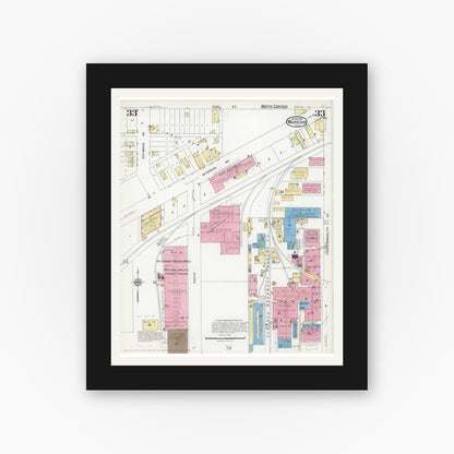 Old map wall art mockup — black gallery frame with white mat — Sanborn Fire Insurance Map from Waukegan, Lake County, Illinois (1924), Sheet #0033