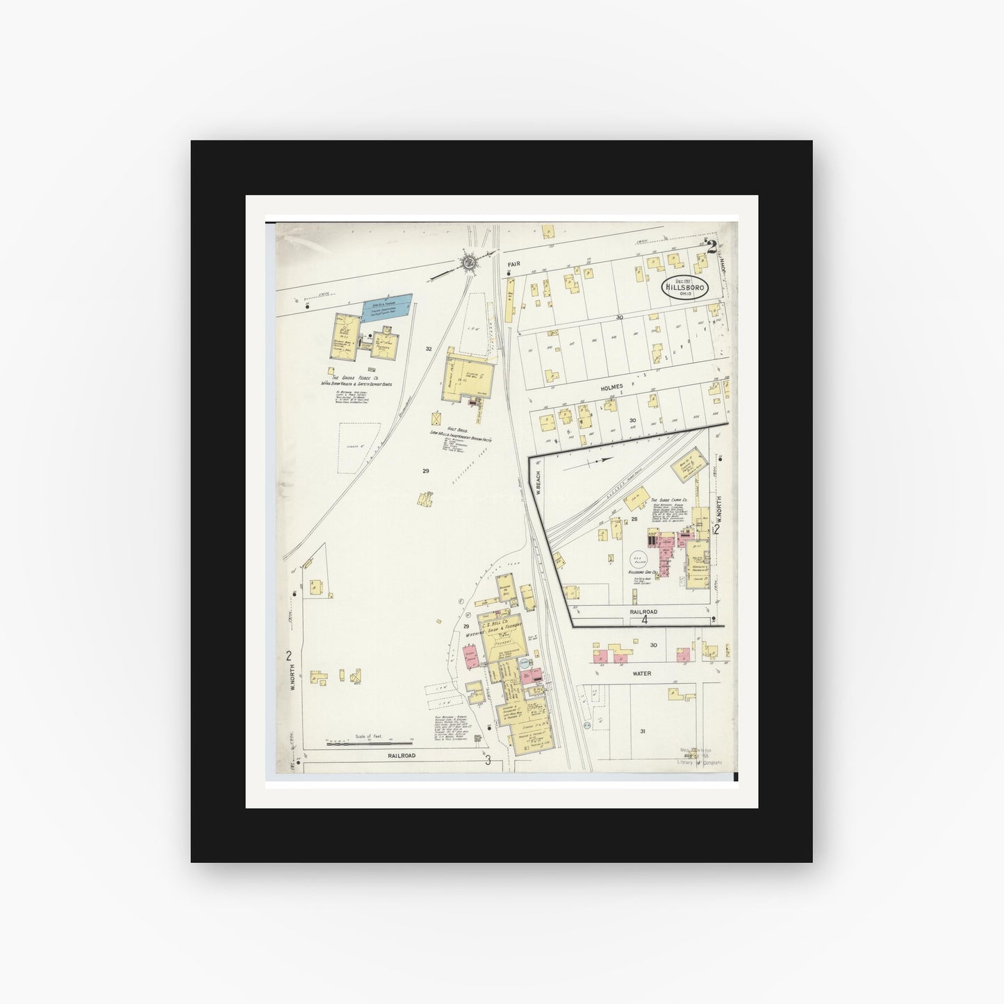 Old map wall art mockup — black gallery frame with white mat — Sanborn Fire Insurance Map from Hillsboro, Highland County, Ohio (1911), Sheet #0002