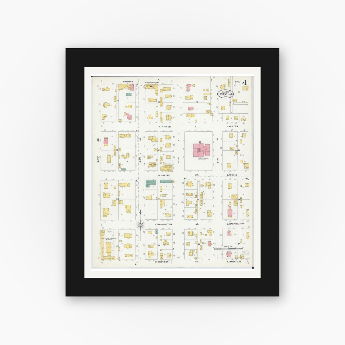 Old map wall art mockup — black gallery frame with white mat — Sanborn Fire Insurance Map from Greenville, Bond County, Illinois (1906), Sheet #0004