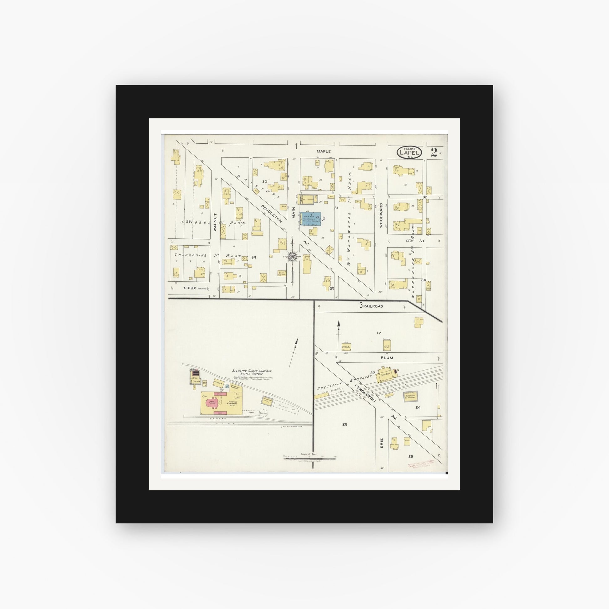 Old map wall art mockup — black gallery frame with white mat — Sanborn Fire Insurance Map from Lapel, Madison County, Indiana (1918), Sheet #0002