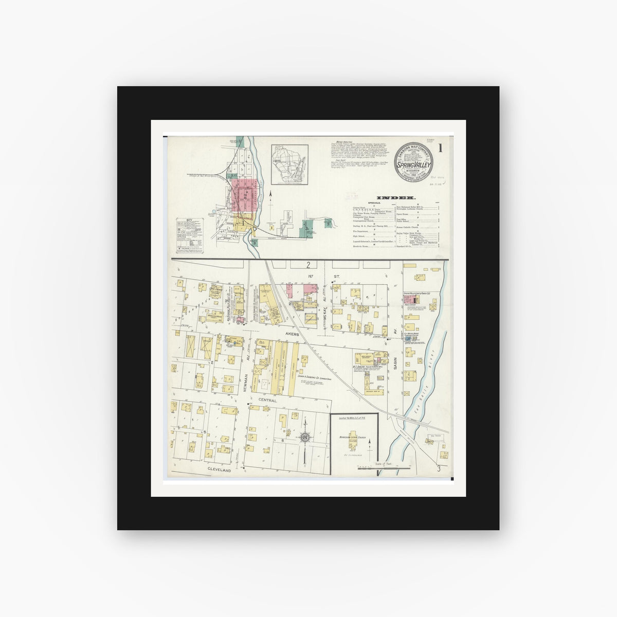 Old map wall art mockup — black gallery frame with white mat — Sanborn Fire Insurance Map from Spring Valley, Pierce County, Wisconsin (1912) - Complete Map Set