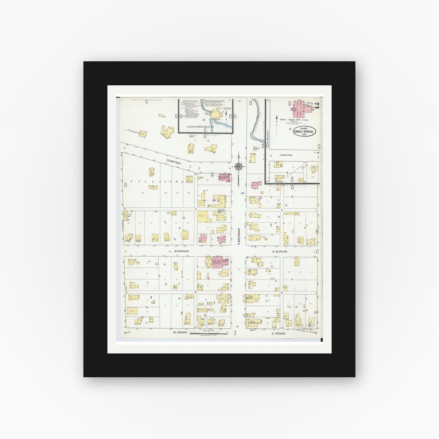 Old map wall art mockup — black gallery frame with white mat — Sanborn Fire Insurance Map from Green Springs, Sandusky And Seneca Counties, Ohio (1921), Sheet #0002